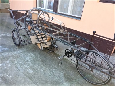 A front wheel drive, all wheel steer, full suspension leaning delta trike. Construction: plywood body over space-frame steel chassis. Steering: pilot stick